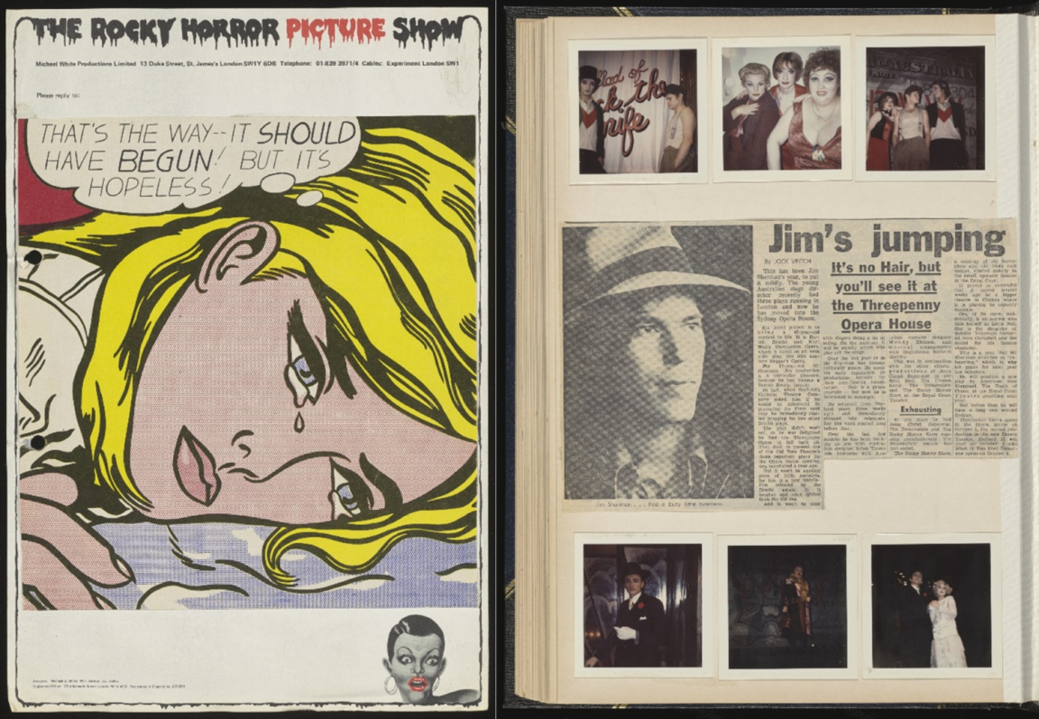 Two images side by side. The left-hand image is the cover page of the original script of The Rocky Horror Picture Show movie. The right-hand image is a page from one of Jim Sharman's visual diaries. There are 3 small photos at the top and bottom of the page, with a newspaper article in the middle.