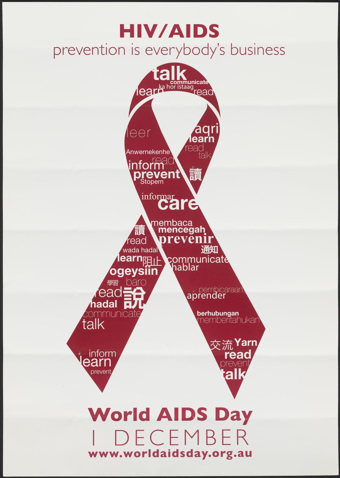 Poster with red ribbon on it and the text HIV/ AIDS prevention is everybody's business World AIDs Day 1 December