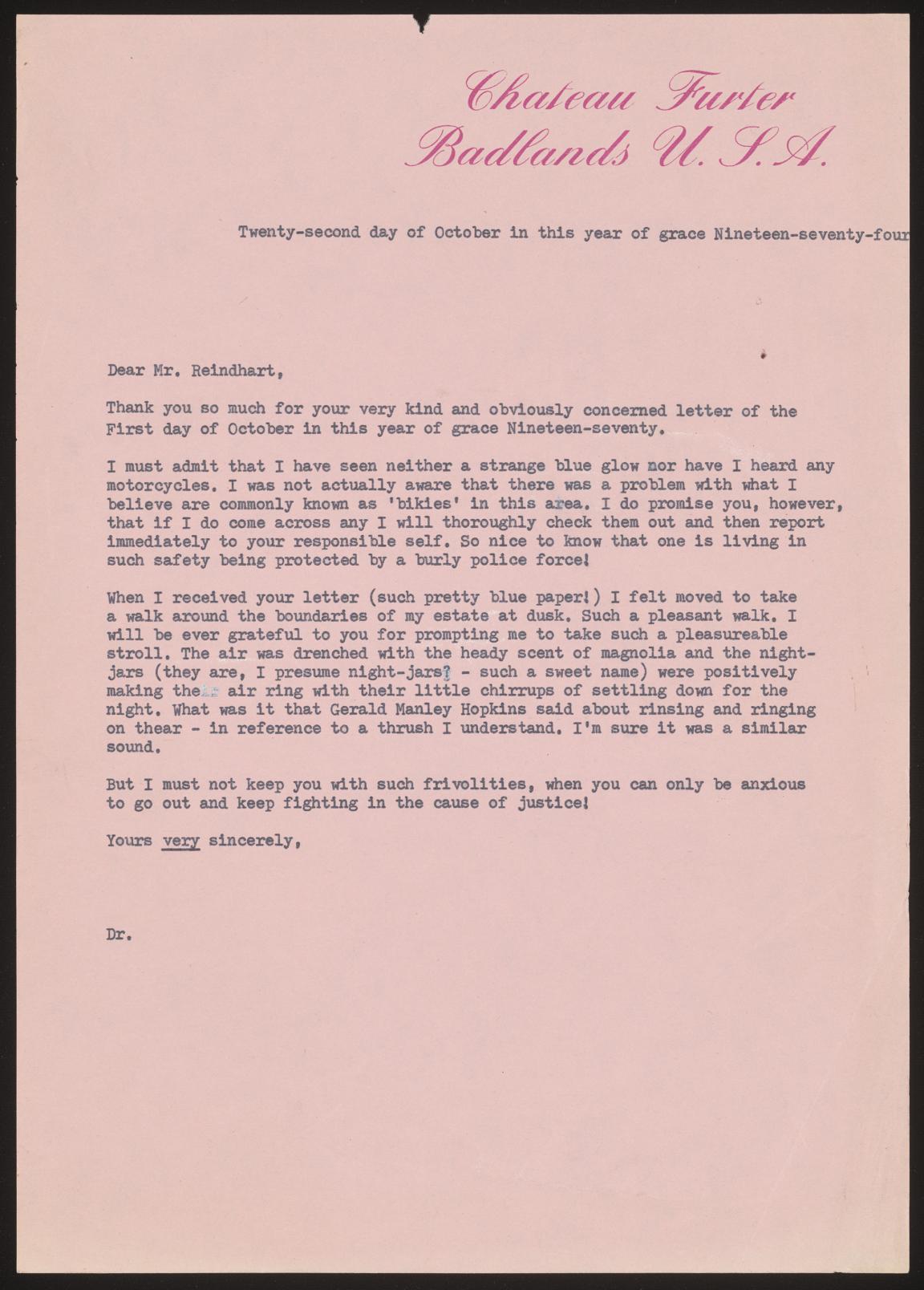 Fictionalised letter to a Mr Reindhart from Chateau Furter