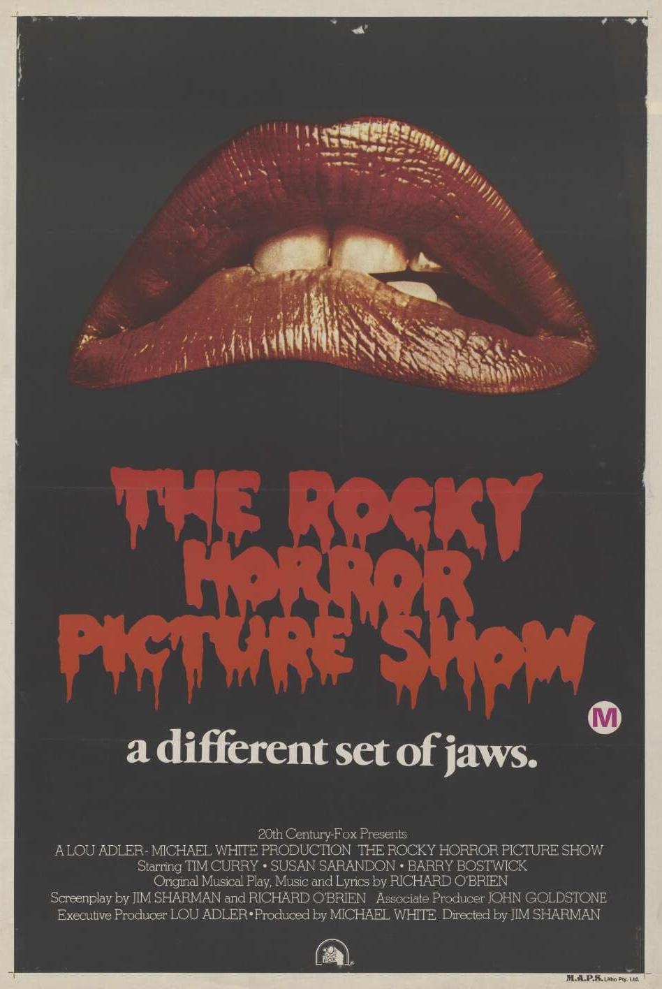 Rocky Horror Picture Show poster with a set of red lips and the text "a different set of jaws"