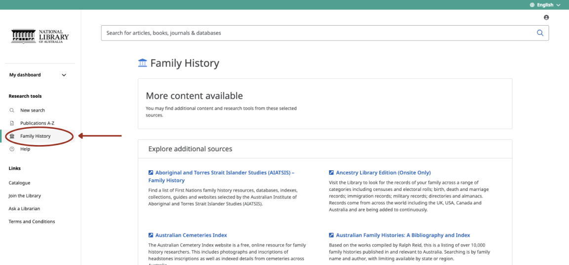 Screenshot of the Library's eResources portal, open to the Family History page, with the link to the page on the side menu circled