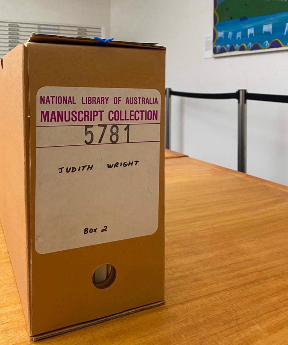 Box with label that says "manuscript collection Judith Wright"