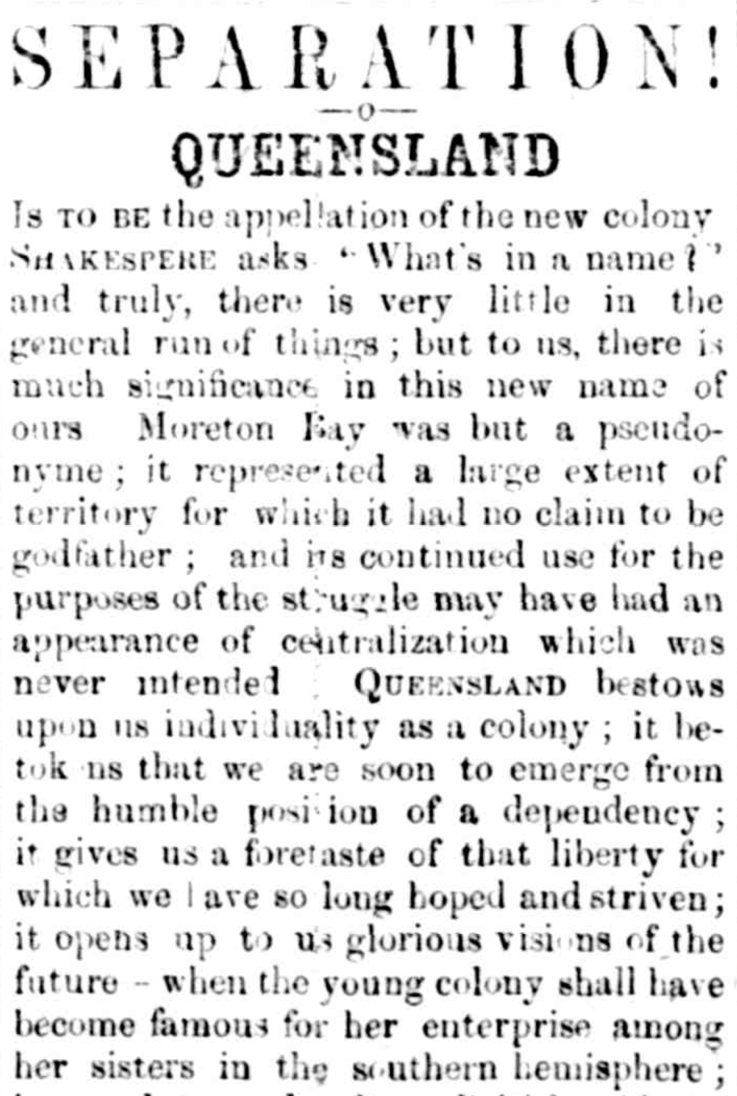 newspaper article about the separation of Queensland from Morton Bay