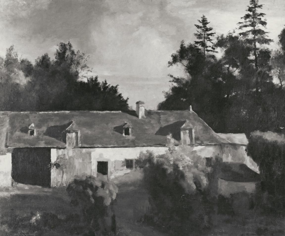 Black and white photo of a painting of a house on a farm