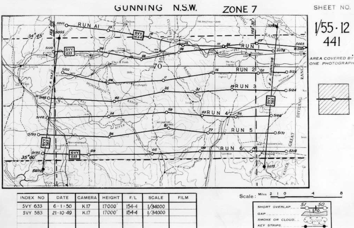 Black and white map showing the flight path of a plane taking aerial photographs