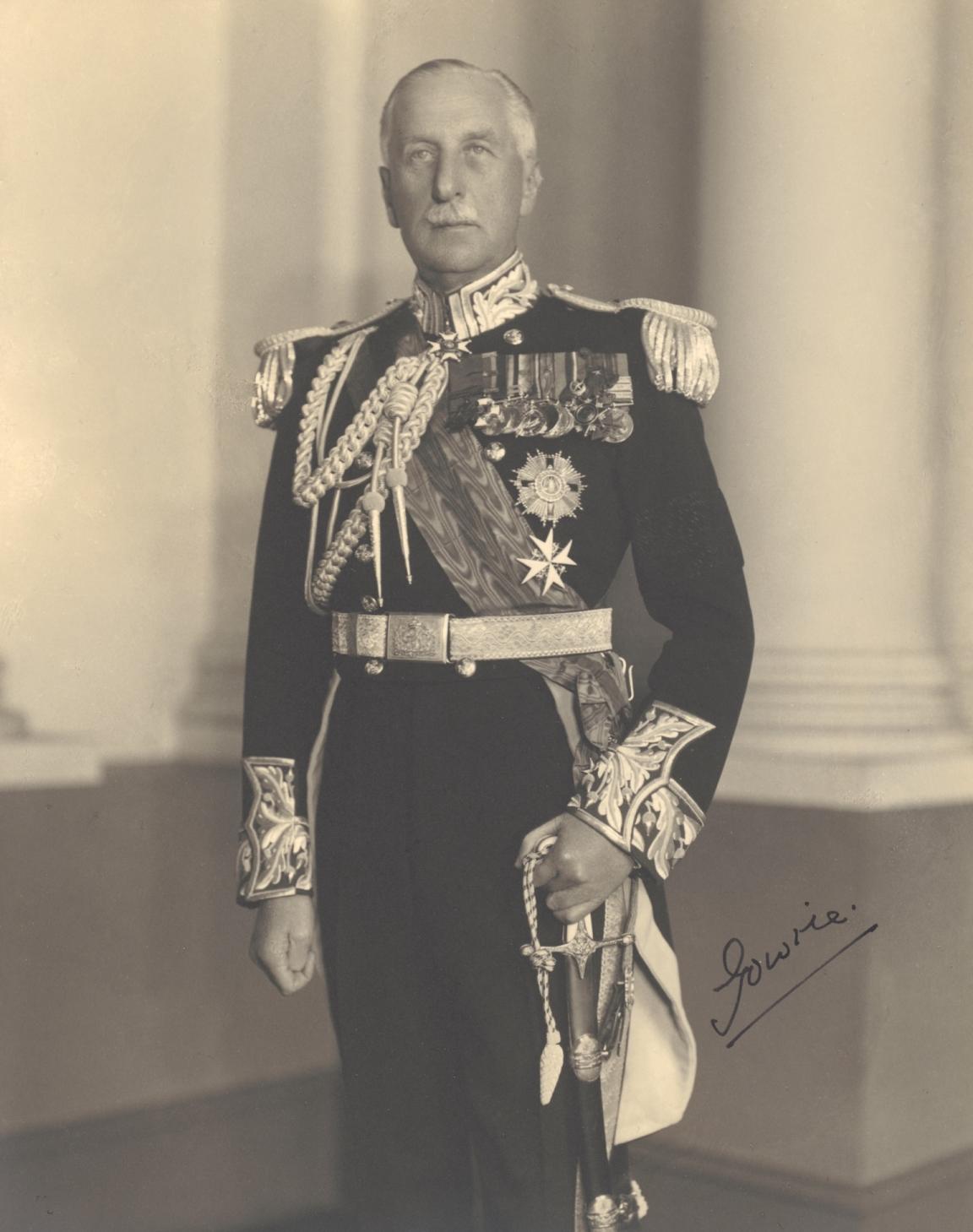 Black and white photo portrait of Alexander Hore-Ruthven,1st Earl of Gowrie, wearing a formal military uniform with lots of medals and ribbons