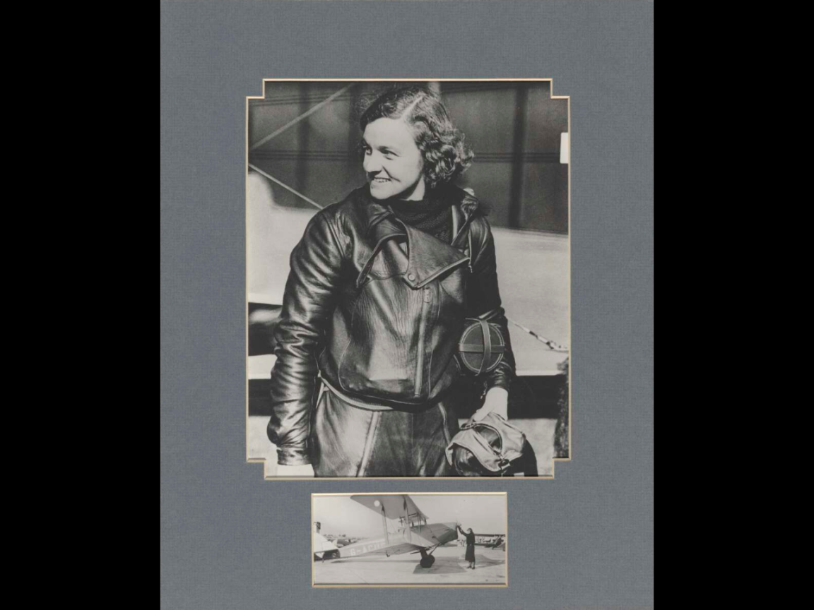 There are two photographs featured in this image. The image on the top is of Freda Thompson in her flight gear. The lower image shows Thompson rotating the propellor of her aeroplane. 