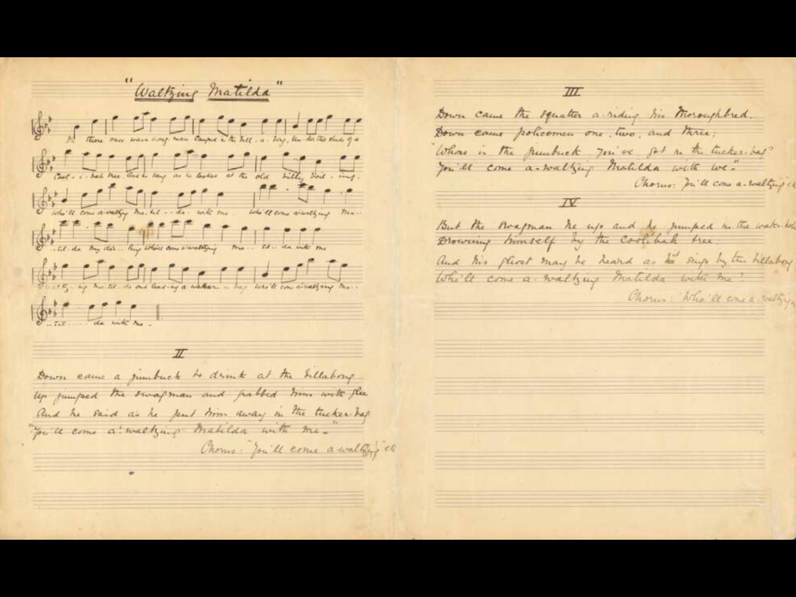 Two pages of music manuscript. On the top of the left-hand side page is the title of the song, ‘Waltzing Matilda’.