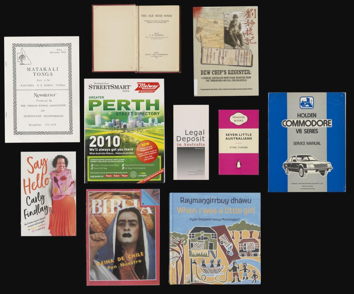 Photograph of 10 of the books, magazines and newsletters that make up the Legal Deposit display.