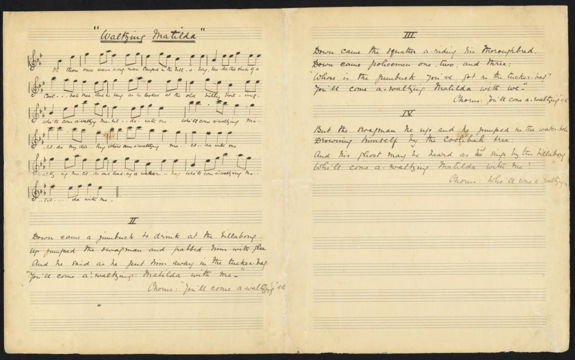 Photograph of sheet music and verses of Waltzing Matilda.