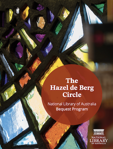 Cover of the Hazel de Berg Circle brochure, featuring a photo of the Library's iconic stained-glassed windows