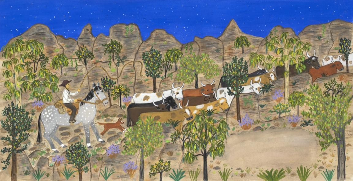 Illustration of a women riding a horse and droving cattle in the bush