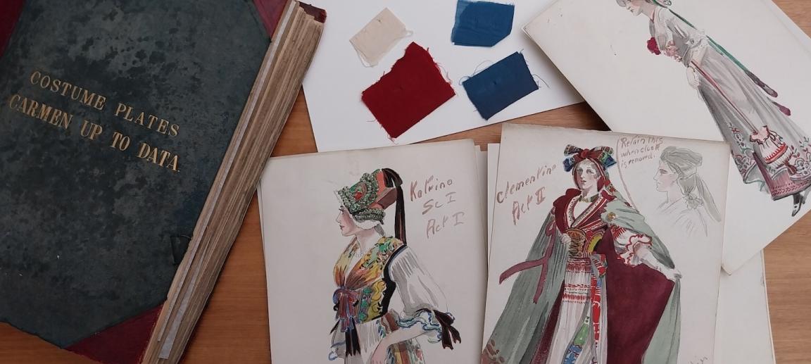 Hand drawn costume designs of characters for The Girls of Gottenberg
