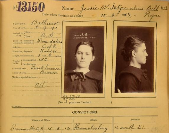 A 1913 police arrest record with front and profile photographs of Jessie Hickman