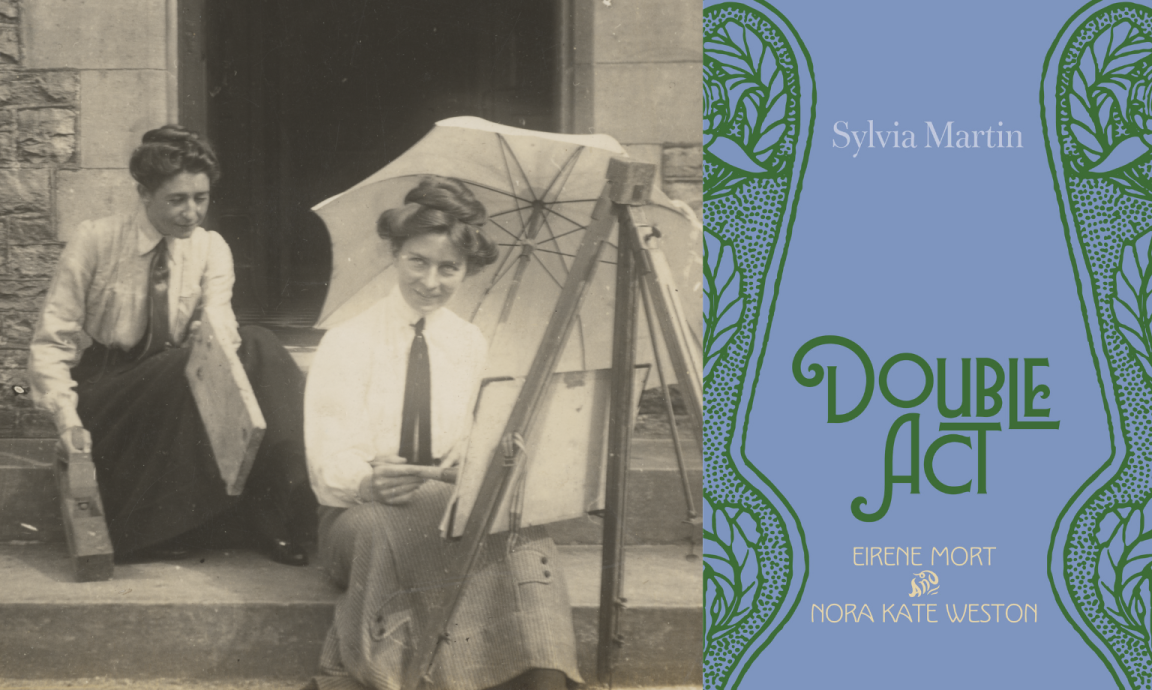 A black and white image of two women sitting on concrete steps, one holding woodworking tools, the other painting at an easel and holding a parasol