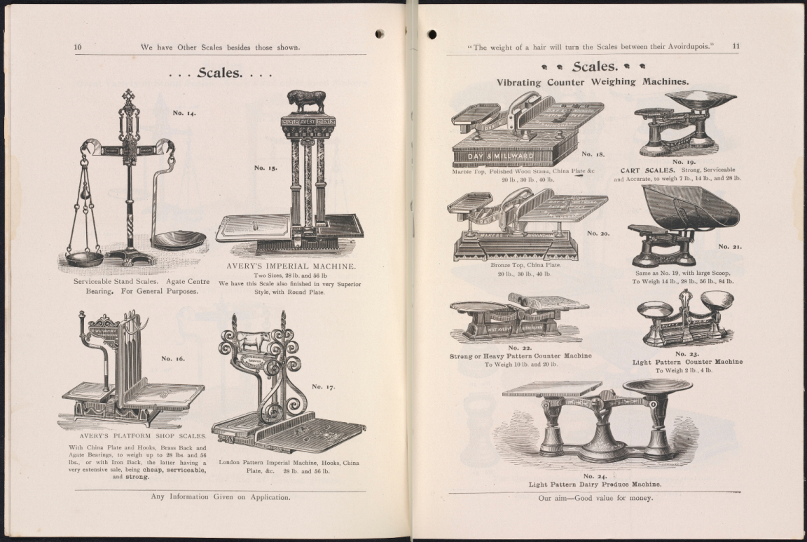 Catalogue illustrations of scales for weighing grocery items.