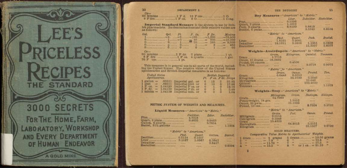 Book cover for 'Lee’s Priceless Recipes' and tables showing the differences between the Imperial and the decimal measuring systems for measuring liquids.