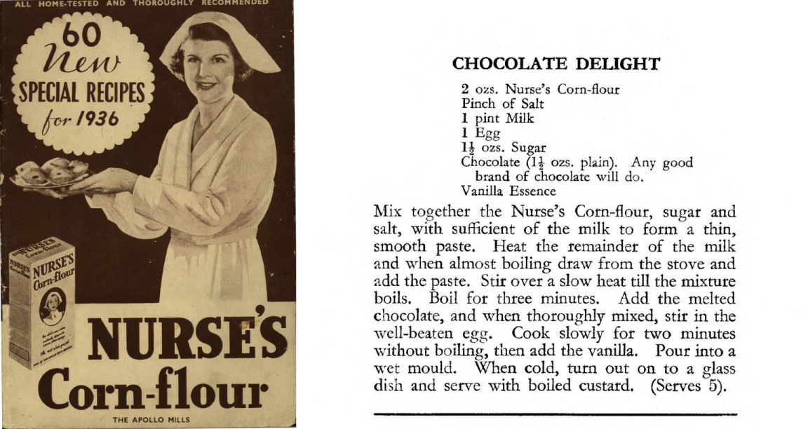 Book cover of ‘Nurse’s Corn Flour’, featuring a nurse holding up a tray of baked goods and a recipe for 'Chocolate Delight'