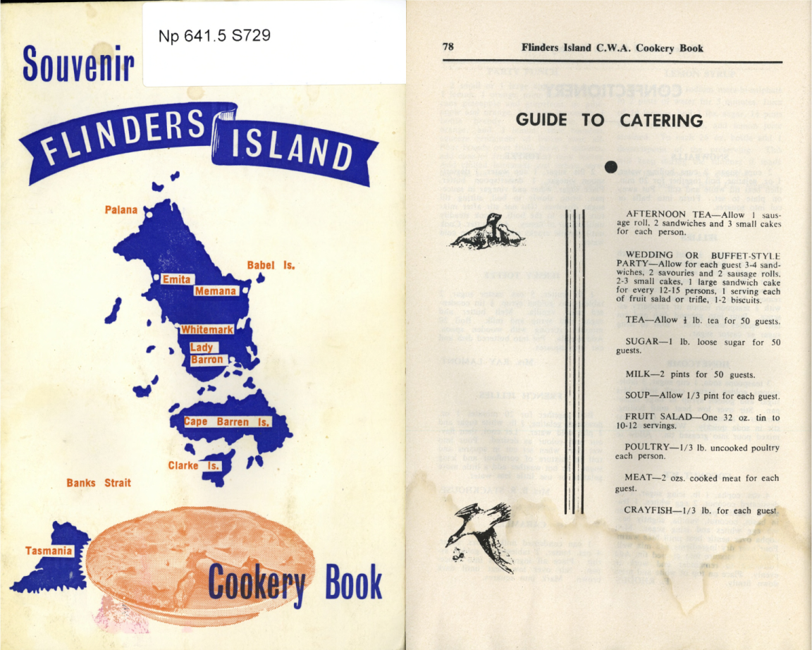 On the left, cover of ‘Flinders Island Souvenir Cookery Book’ featuring a silhouette of Flinders Island, and on the right a list of recommended portion sizes when planning a dinner party. 