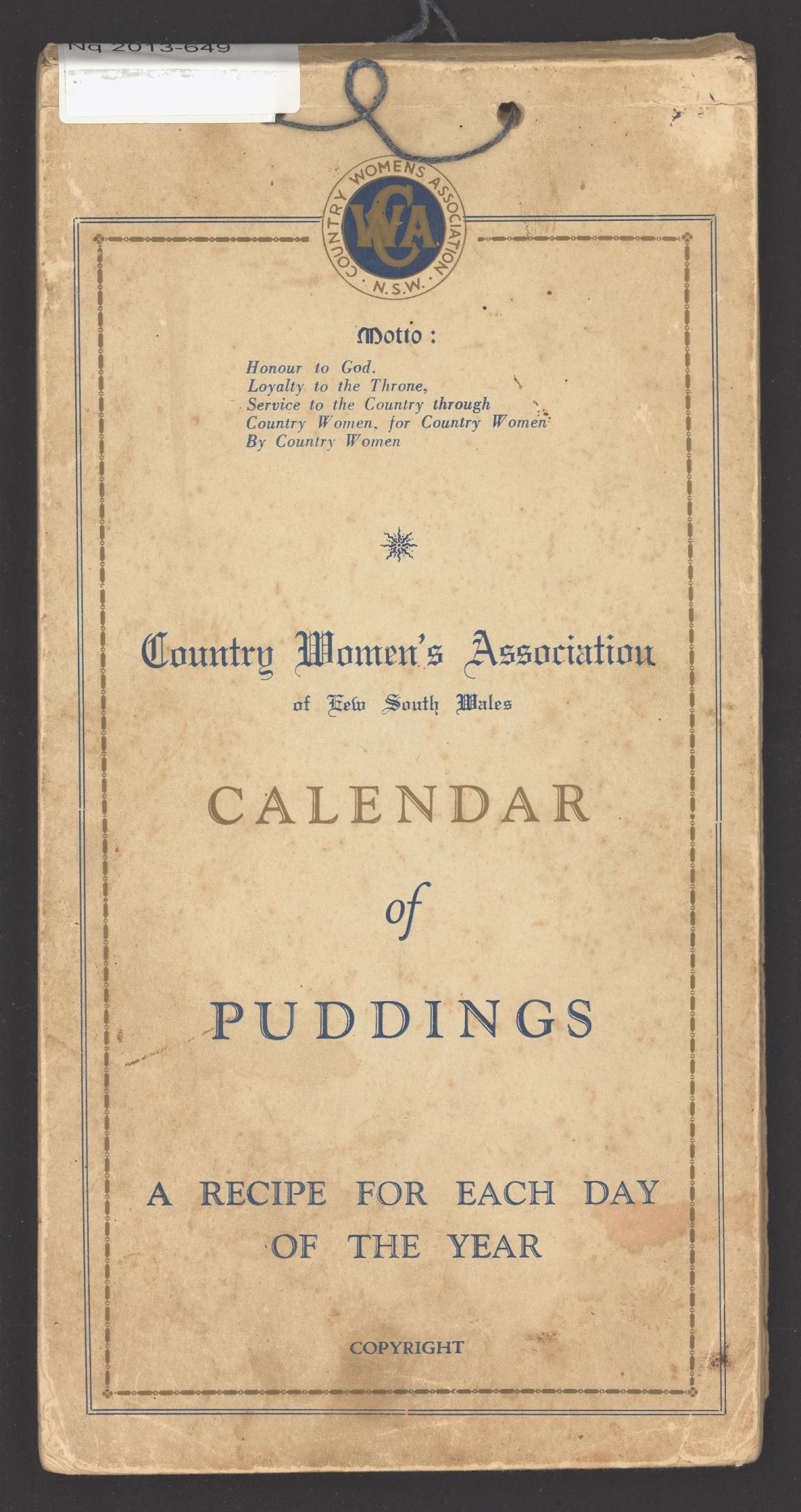 Cover of ‘the Country Women’s Association Calendar of Puddings’.