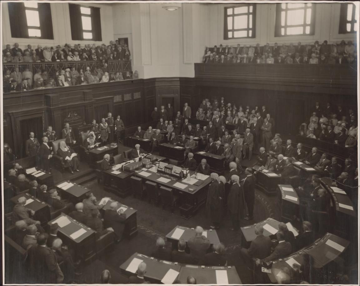 Black and white photo of the opening of Federal Parliament