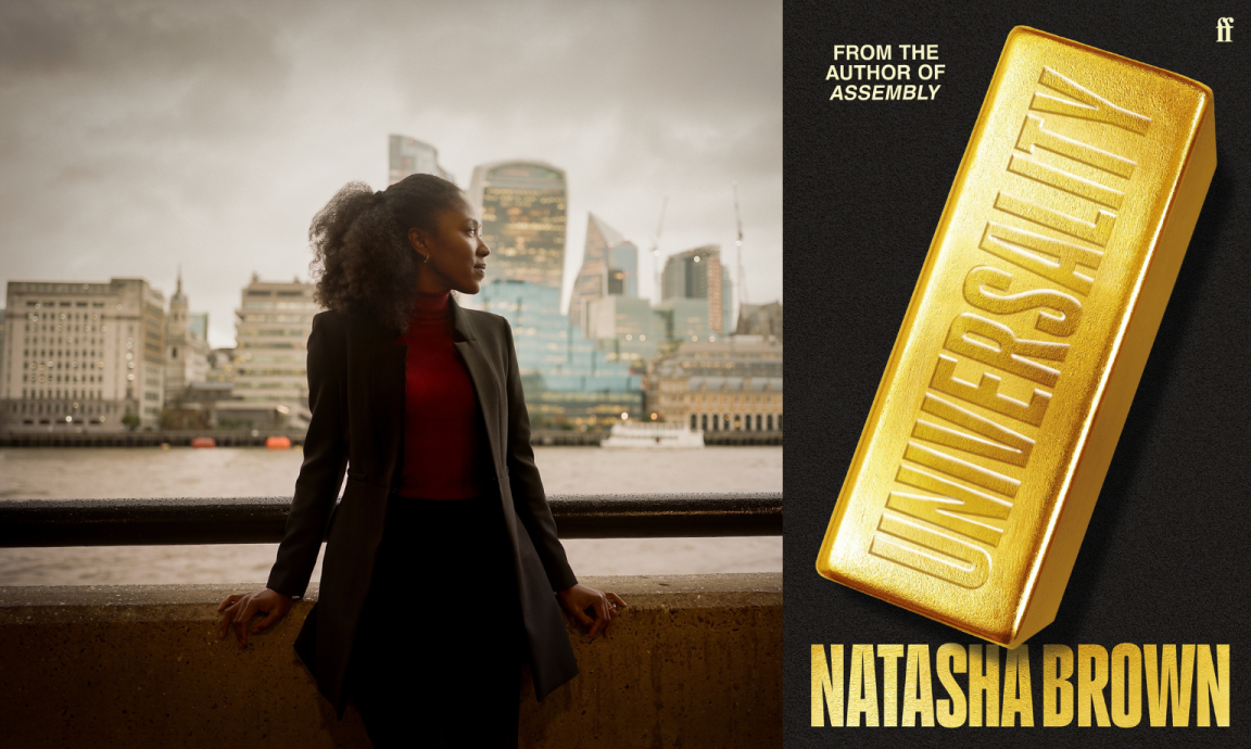 A headshot of a woman wearing a red shirt and black blazer, looking into the distance while leaning on the edge of a city view