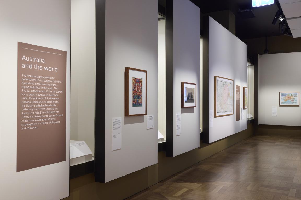 Framed pictures on a wall in the National Library's Treasures Gallery