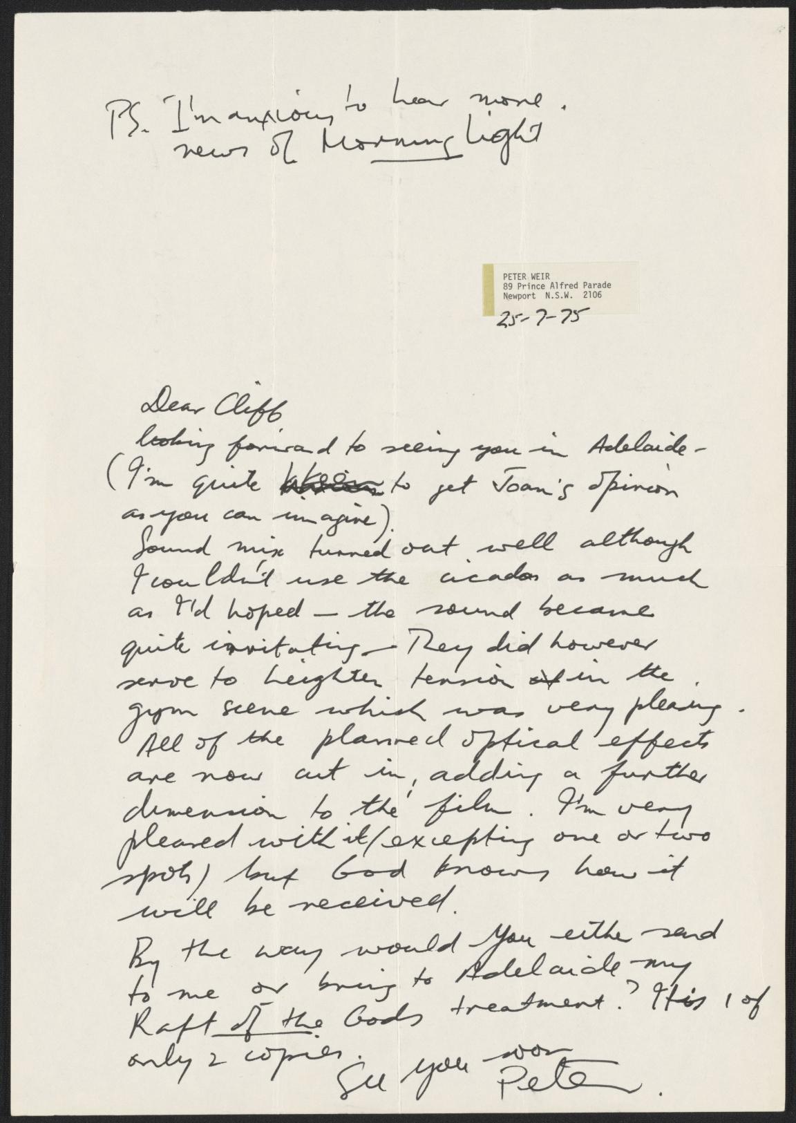 A letter to scriptwriter Cliff Green from director Peter Weir