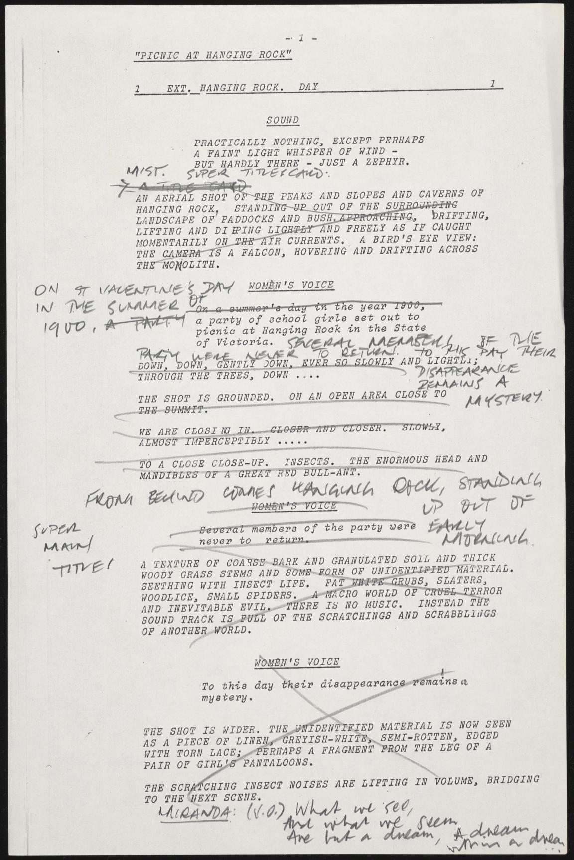 A typed film script with handwritten notations