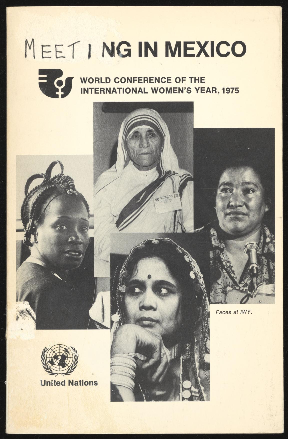 A conference programme titled 'Meeting in Mexico, showing black and white photographs of four different women, with the United Nations logo at the bottom
