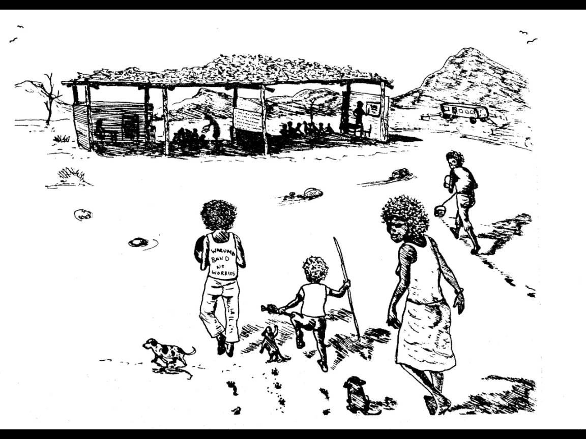 An illustration of four children walking towards a covered area where there are two groups of children and being taught by two teachers. There are hills in the background and several birds flying in the sky.