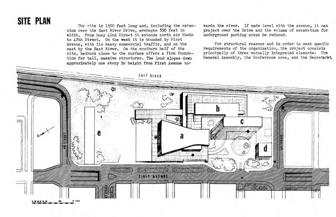 Site plan for United Nations permanent headquarters, made up of varousel buildings