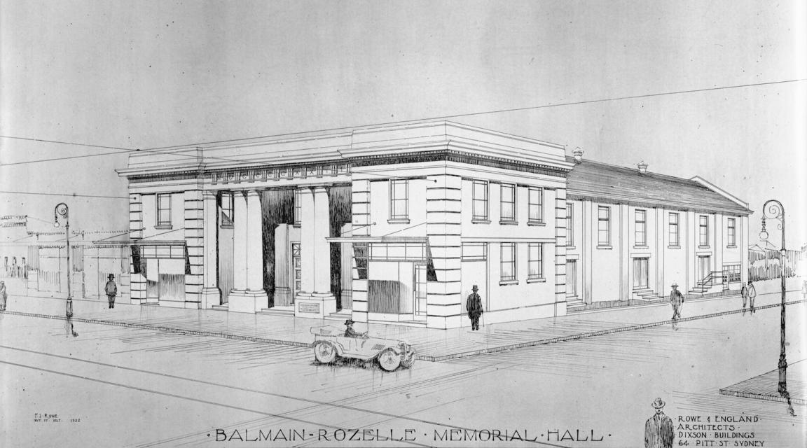 Drawing of a large two-storey building on a street corner