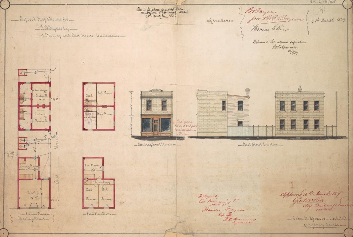 Architectural drawings showing floorplan and exterior of a shop and house