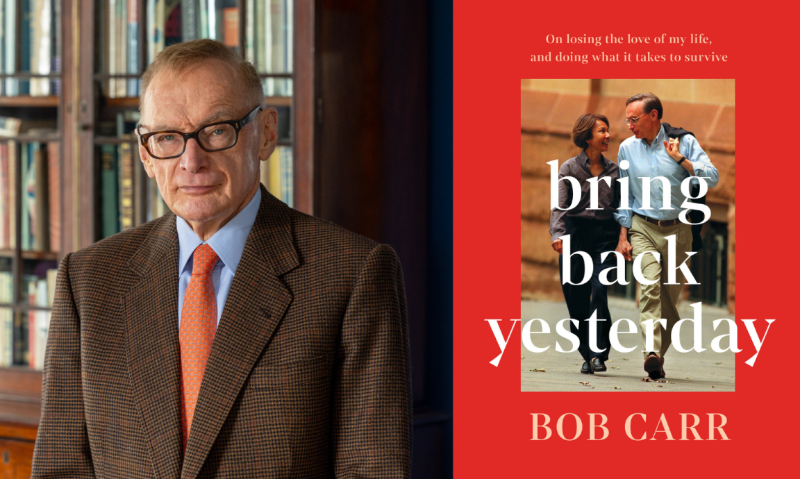 A photograph of a man in glasses, suit and tie with his book cover for Bring Back Yesterday