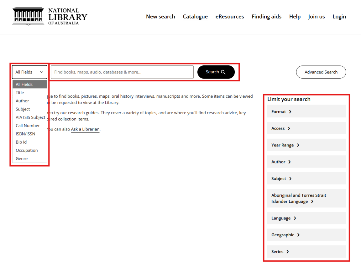A screenshot of the catalogue search page. Highlighted in red are the fields and Search buttons