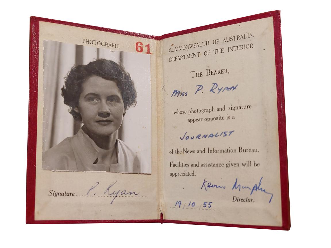 News and Information Bureau pass issued to Miss P Ryan in 1955