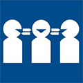 blue background with three people, one person is talking to another who then passes it on to the other person, interpreting the conversation
