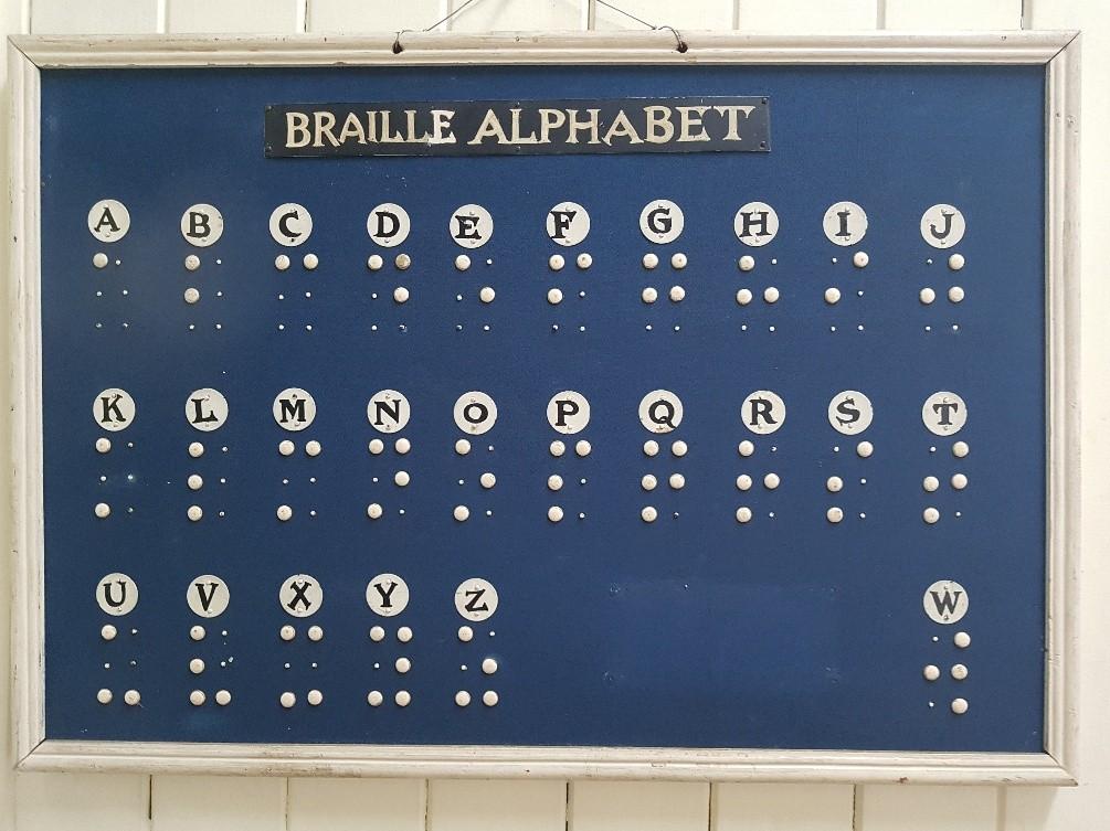 A braille alphabet chart. Each letter of the alphabet is in a large white circle with the corresponding braille code for that letter below it. The background of the chart is blue. 