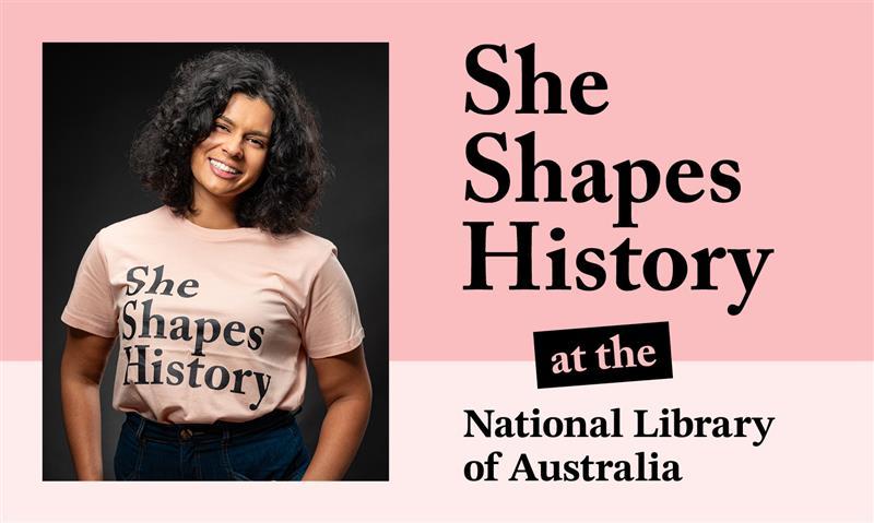 A woman with dark hair wearing a pink t-shirt with black text reading She Shapes History
