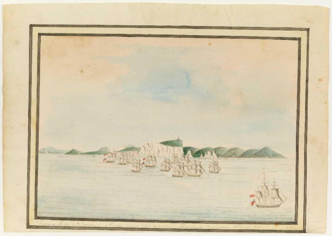A painting of navy ships with blue skies and green hills in the background