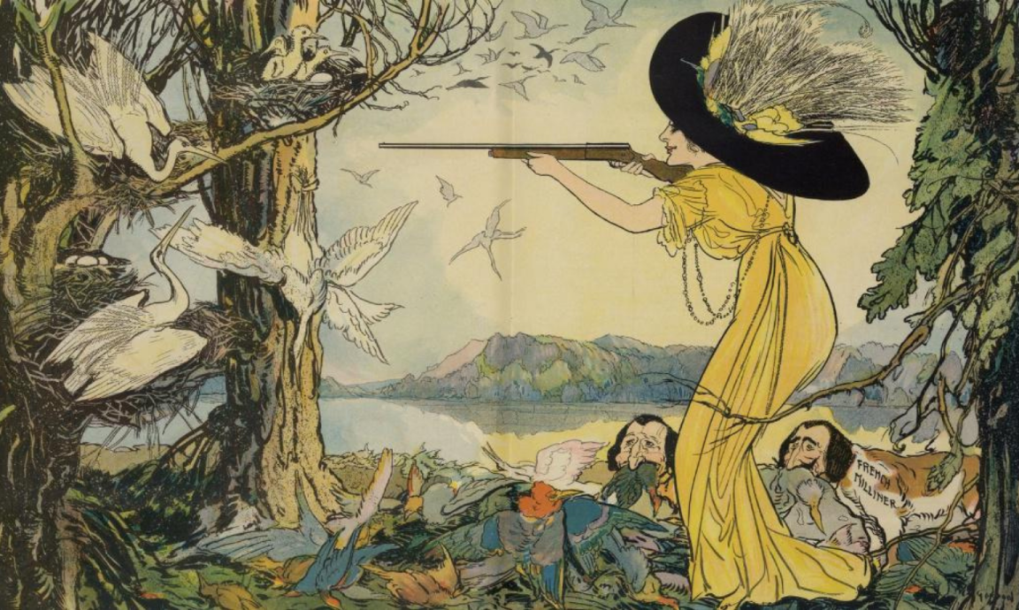 An illustration of a woman in a yellow dress with a big hat, holding a gun
