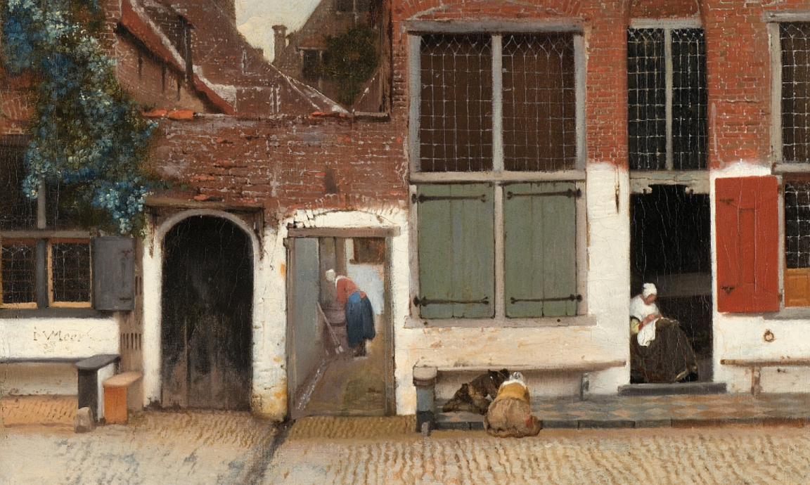 A painting of a house and its neighbourgood with women doing housework chores