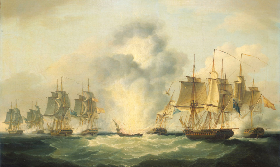 A painting depicting a battle between sailing ships at sea