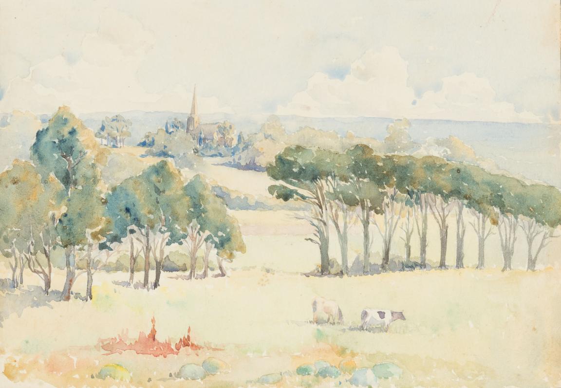 A landscape watercolour painting of bushland, with houses and a church in the background