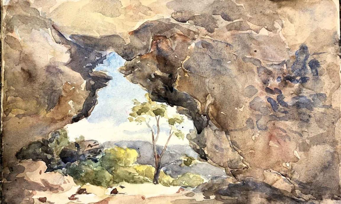 A watercolour painting showing a view of bushland through a gap in a rock wall