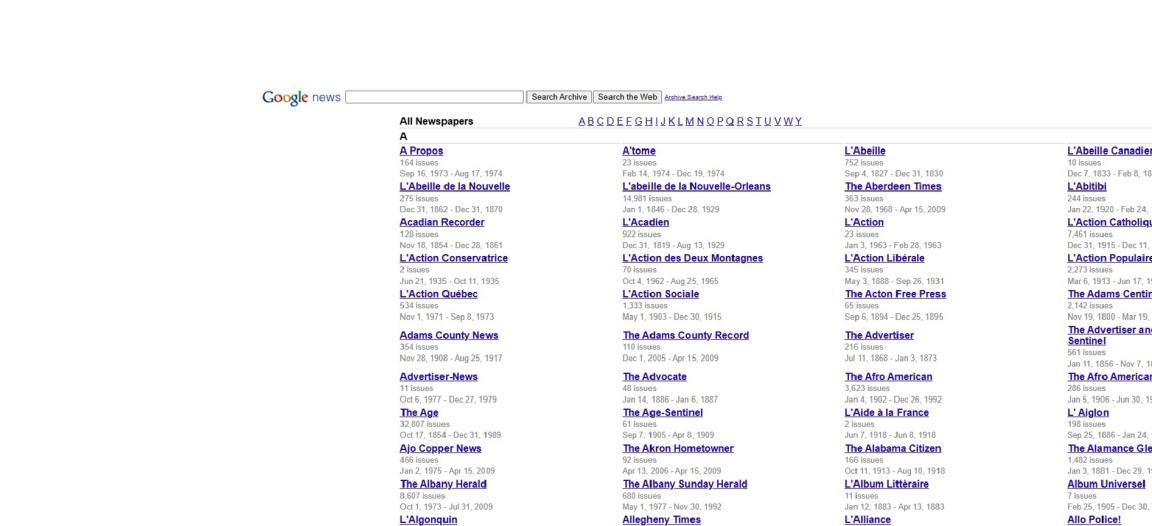 Screenshot of Google News Archive Homepage