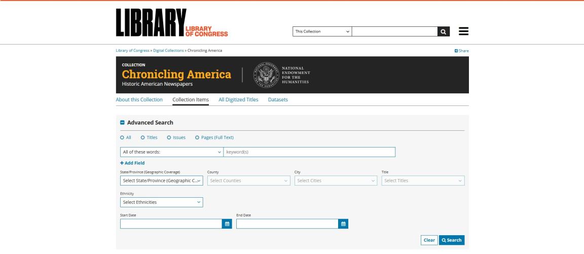 Screenshot of Library of Congress, Chronicling America Homepage
