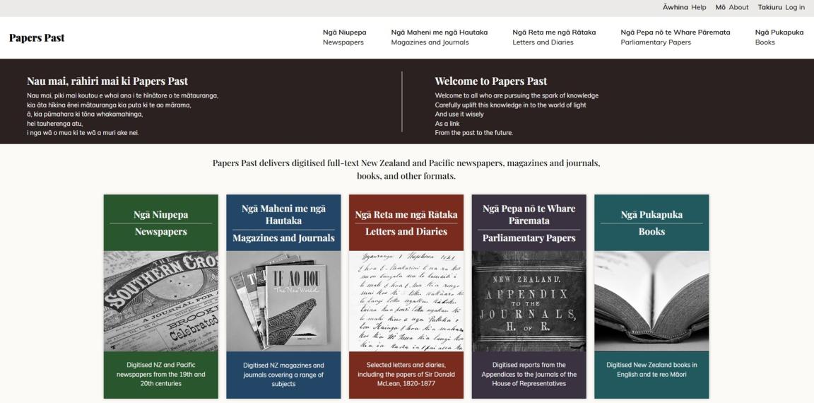 Screenshot of Papers Past Home Page