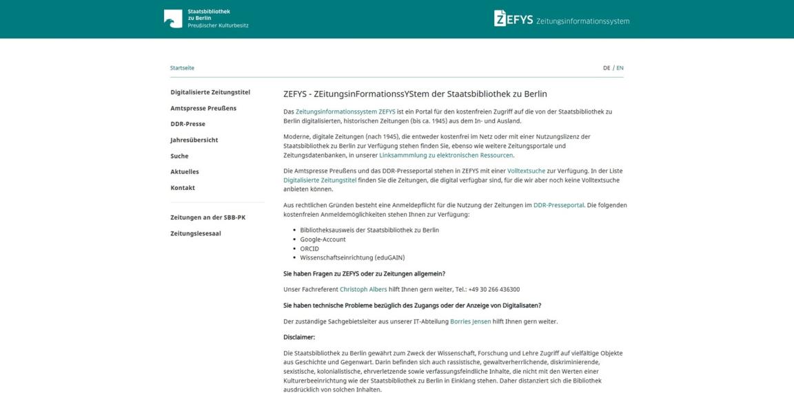 Screenshot of Staatsbibliothek zu Berlin Homepage
